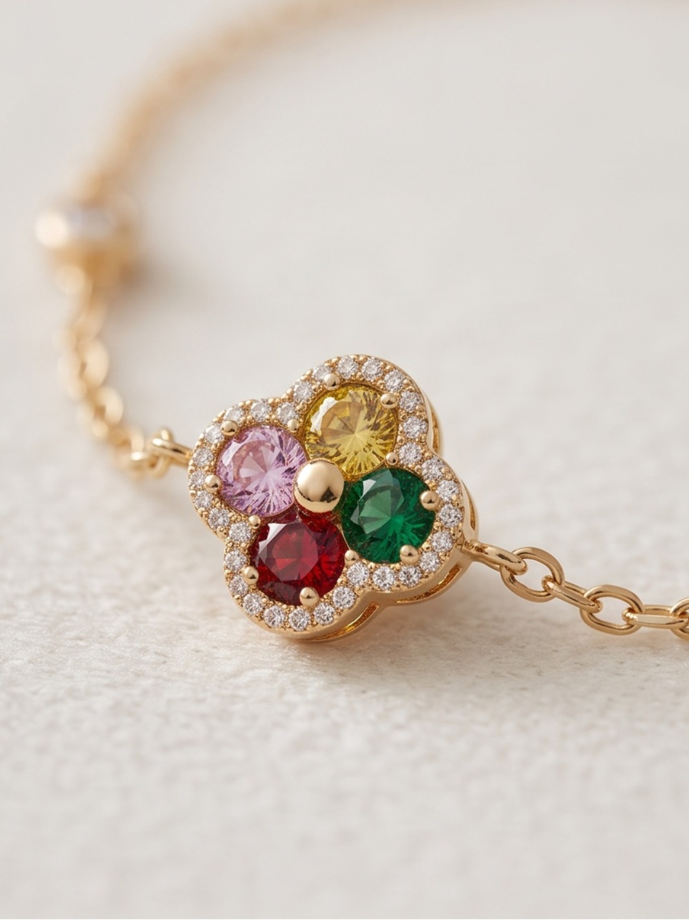 14K Gold Plated Rainbow CZ Charm Bracelet – Adjustable (6.5" - 7.5")